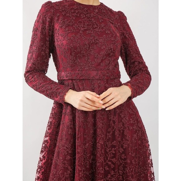 Elegant formal modest gown Red burgundy  sparkly Lace Women Dress sz 8 - Picture 2 of 11